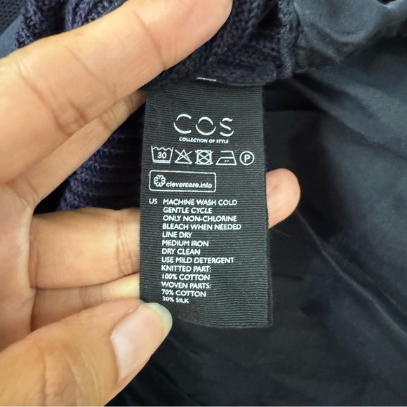 COS Silk Cotton Blend Sweater Shirt Dress Size XS Navy Blue Ruffle Hem Cottage - Picture 5 of 11